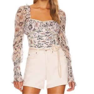 Free People Floral Smocked Puff Sleeve Bodice Bodysuit Ivory Multi OB11603942